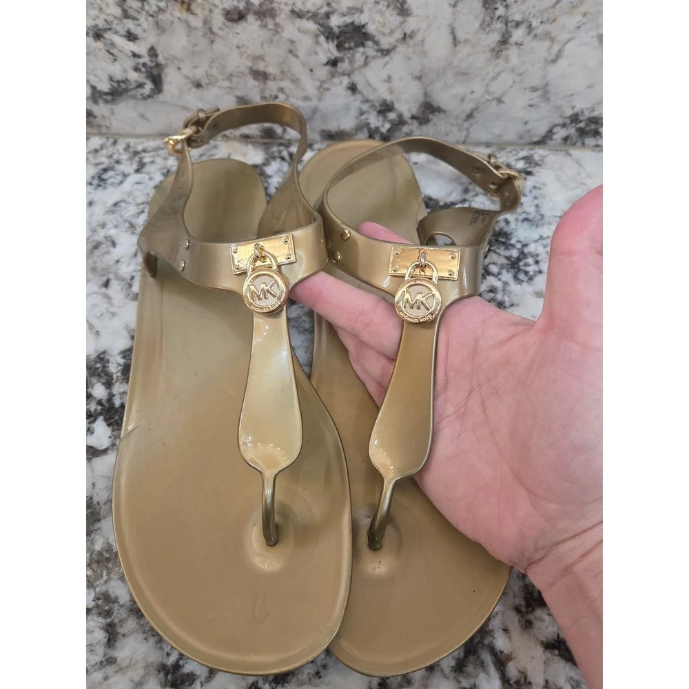 Michael Kors Gold Jelly Sandals MK Logo Lock Charm Thong Slingback 10M R116JI
